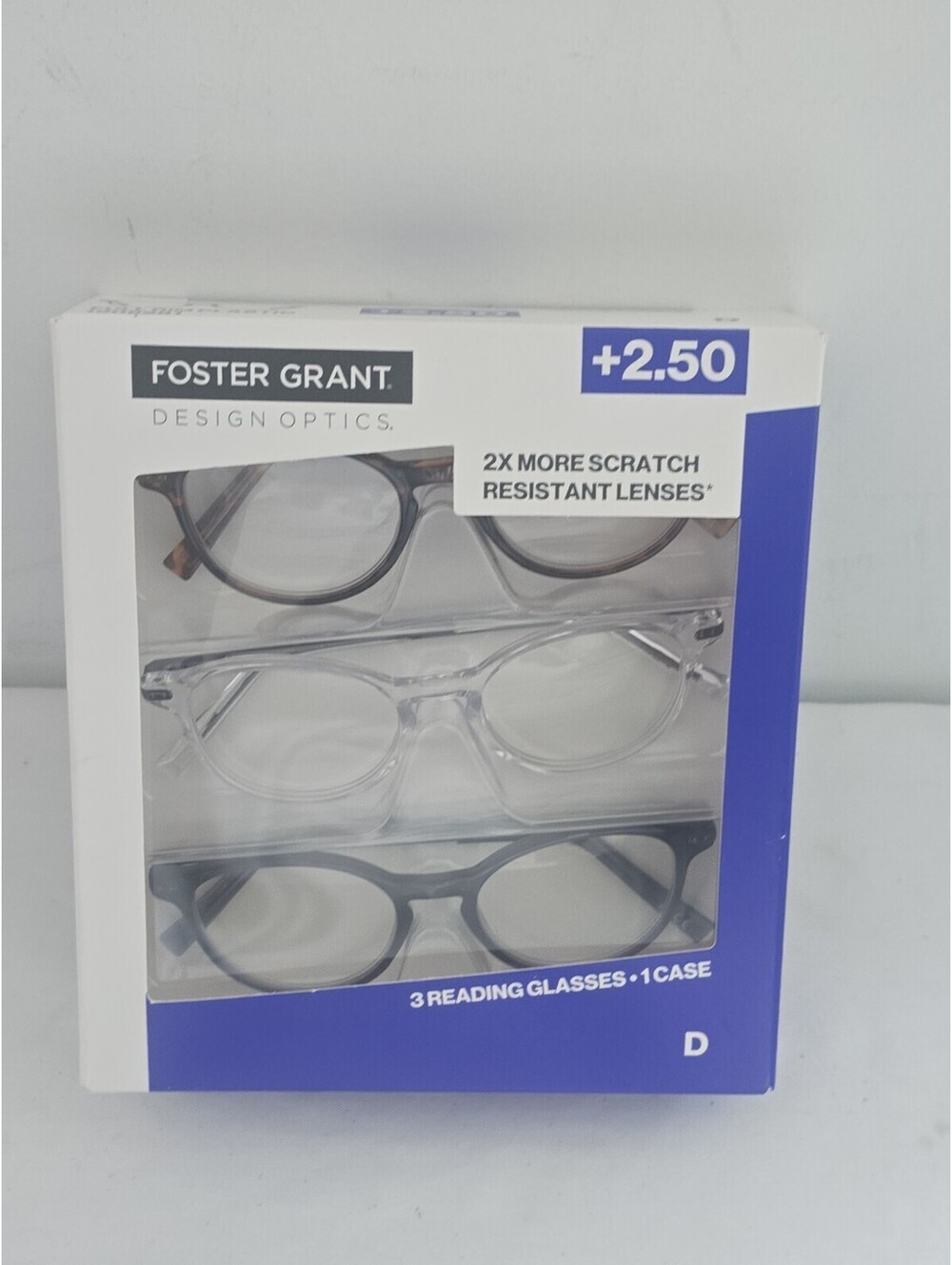 Foster Grant D Full Rim Plastic Round Reading Glasses +2.50 Strength, 3 Pack